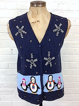 (mens M) Ugly Christmas Sweater Vest Adorable Penguins and Snowflakes Galore!