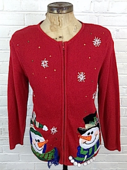(mens L) Ugly Xmas Sweater Cardigan, Snowmen, Snowflakes, Puffballs, Beads and Sequins!
