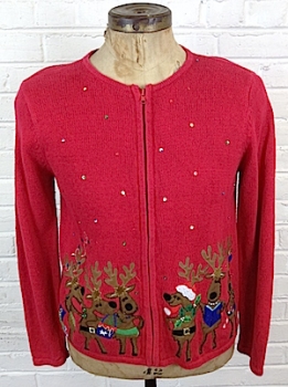 (mens snug M) Ugly Xmas Sweater Cardigan Happy Reindeer Caroling, Sequins and Beads! as-is