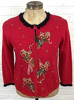 (mens Roomy M) Ugly Xmas Sweater Cardigan Reindeer Popping Out with Lights in their Horns!