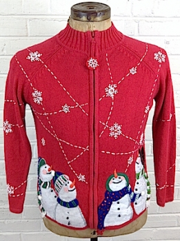 (men's M) Ugly XMAS sweater cardigan. Snowman party! Zipper w/snowflake pull AS-IS