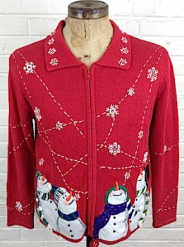 (men's roomy M) Ugly XMAS sweater cardigan. Snowman party! Glittery thread and beads!