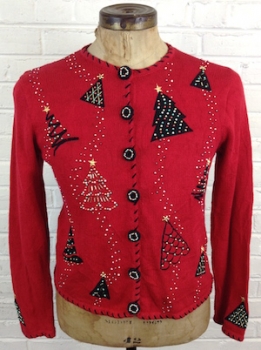 (mens M) Ugly Xmas Sweater Cardigan! Red With Gold, Green, Red BEADED Xmas Trees!