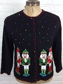 (mens M) freaky-scary-SPARKLY NUTCRACKERS ugly Xmas sweater cardigan