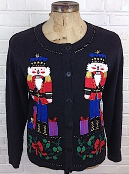 (mens M) Ugly Xmas sweater cardigan. Freaky scary Nutcracker soldiers. REAL BELLS!