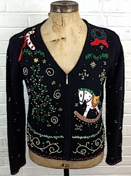 (mens L) Ugly Christmas sweater Cardigan Rocking Horse & BEADS BEADS BEADS