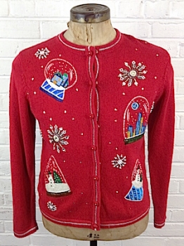 (mens M) Ugl;y Xmas Sweater! Bedazzled SNOWGLOBES and SNOWFLAKES!