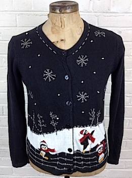 (mens L) Ugly Xmas Cardigan, Penguins playing in the Snow and Sparkly Snowflakes!