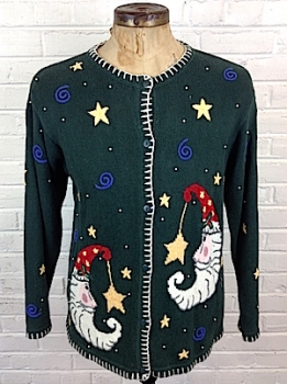 (mens 3XL) Ugly Xmas Sweater Cardigan, Crescent Moon Santa, Stars, Pearly Beads!
