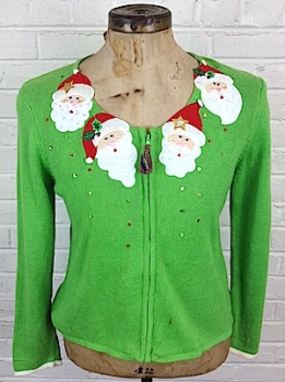 (mens Snug L) Lime Green Ugly Xmas cardigan w/smiley Santa Faces!