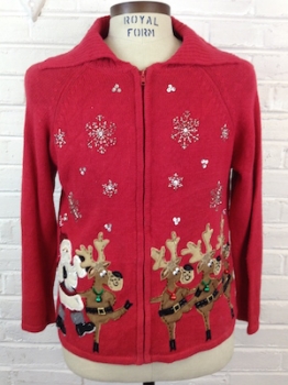(mens M) Ugly Xmas sweater cardigan w/zipper. Santa & Reindeer DANCING! real bells.
