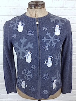 (mens S) Ugly Christmas cardigan. Snowmen & Snowflakes! zipper closure