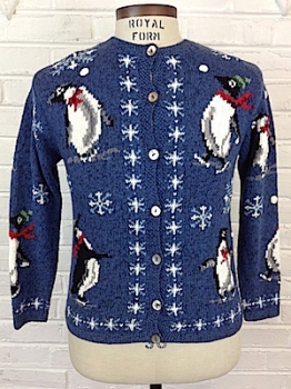 (Mens XS) Ugly Xmas Cardigan Sweater! Cute & Silly PENGUINS Playing in the Snow!