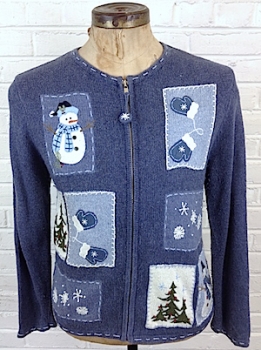 (Mens Snug L) Ugly Xmas sweater cardigan. Snowmen, trees, Mittens