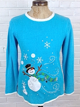 (mens Snug L) BRIGHT color ugly Christmas Sweater w/Snowman. has plug for...?