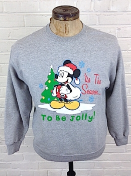 (Mens Snug L) Ugly Xmas Sweatshirt! Grey w/ Mickey Dressed as Santa! "Tis' the Season...To Be Jolly!
