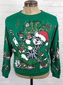 (Mens XL) Ugly Xmas Sweatshirt! Green Sweatshirt w/ Glittery Cats in Santa Hats!