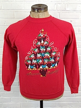 (Mens M) Ugly Xmas Sweatshirt! Red w/ Penguin Choir in Pyramid Formation!