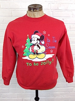 (Mens Snug L) Ugly Xmas Sweatshirt! Red w/ Mickey Dressed as Santa! "Tis' the Season...To Be Jolly!"