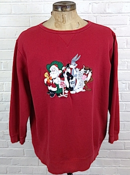 (Mens Snug 2XL) Ugly Xmas Sweatshirt! Red w/ Embroidered Looney Tunes Waiting for Santa! As Is!