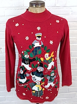 (mens L) ugly Xmas pullover Sweater. Snowmen Jumble Christmas Tree