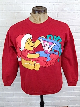 (Mens Snug L) Ugly Xmas Sweatshirt! Red w/ Winnie the Pooh & Surprise Piglet!