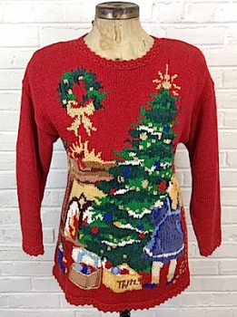 (mens Snug L) Ugly Christmas Sweater! Christmas scehristmas Sweater. Girl. Tree. Fire!