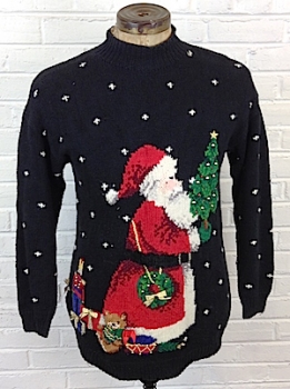 (mens S) Ugly Xmas Pullover Sweater!  Santa Carrying Tree and Gifts!  Real Bells!!