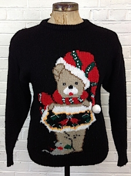 (men's M) Ugly Xmas Sweater Teddy Bear in Santa Hat, Scarf w/ Mousey Friend, Sooo cute!