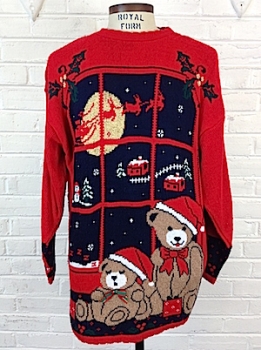(mens Roomy L) cuddly Teddy Bears on a cuddly Xmas Sweater! Santa flying by...