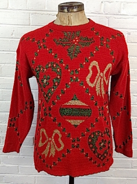 (Mens L) Ugly Christmas Sweater bright red & fuzzy w/ glittery decorations