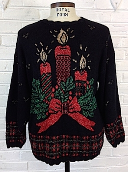 (mens M) snuggly Ugly Christmas Sweater. GLITTERY Red Gold Green candles, holly & bow