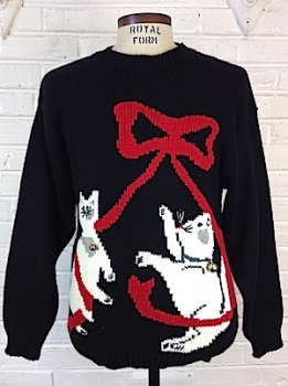 (mens M) Ugly Xmas Sweater! Super Cute White Kitties Playing with a Red Bow! REAL BELLS!