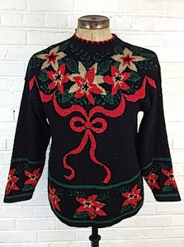 (L) Ugly Xmas Sweater! Super Soft n' Fuzzy! Sparkly Garland of Poinsettias!