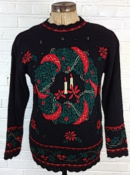 (mens snug L) soft and cuddly and GLITTERY ugly christmas sweater. wreath, holly.