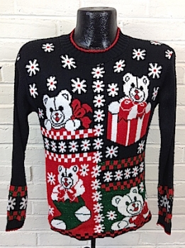 (Kids 29" Chest) Black Acrylic Xmas Sweater w/ Sparkly Teddy Bears! As Is!