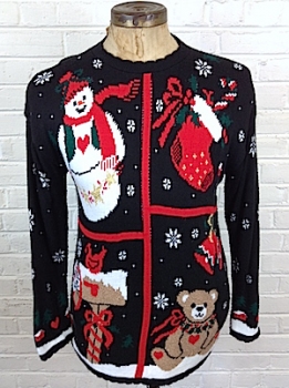 (mens M)  Soft Ugly XMAS Sweater. Teddy; Snowman, Stocking; Cardinal!