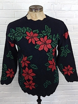 (mens Roomy S) GLITTERY XMAS FUN red & green poinsettia and leaves. as-is