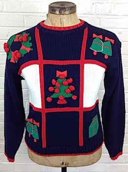 (mens S) tic-tac-toe Ugly Christmas Sweater. 3-D red puffballs!