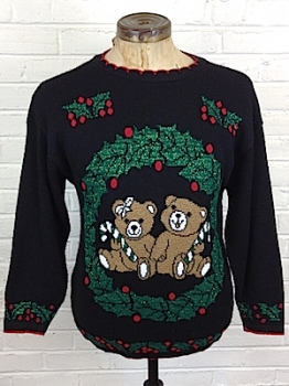 (mens S) Ugly Xmas Sweater, Supercute Bears with Candycanes, Glittery Wreath!