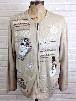 (mens XL) Ugly Xmas Sweater cardigan! Joyful Snowmen Sledding & Hanging w/ Birds!