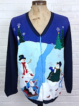 (men's L) Ugly Xmas. Snowmen frolicking, FLYING SNOWMAN on back!