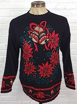 (Men's Snug L) Ugly Christmas Sweater. Black w/ Poinsettia Wreath w/ A Gold Bell!