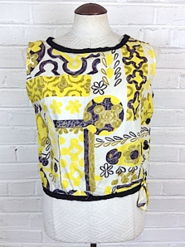 (M) Women's Vintage 60's Sleeveless Top. Black, Yellow & White Flower Print! As-Is