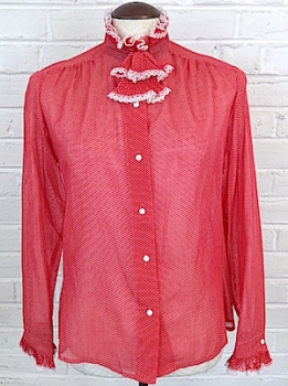 (M/L) Women's Vintage 80's Blouse. Sheer Red w/ White Polka Dot. Ruffled Collar!