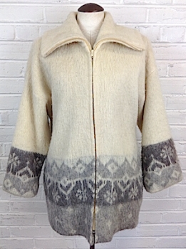 (L/XL) Unisex Vintage 80's Wool Sweater Jacket. Cream w/ Gray Nordic Print. As-Is