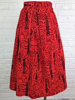 (28" Waist) Women's Vintage 50's/60's Skirt. Red & Black Tiki Print.