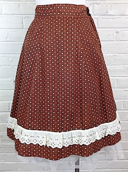(25" waist) Women's Vintage 40's A-line Skirt. Russet Brown w/ Polka Dots  & Eyelet Lace!