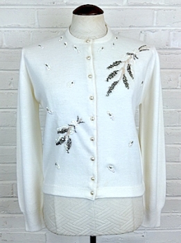 (M/L) Women's Vintage 50's/60's Cardigan. Ivory with Beads and Sequins