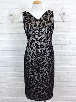(XS) Women's Vintage 50's Sheath Dress. Black and Gold Vine Lace Brocaade